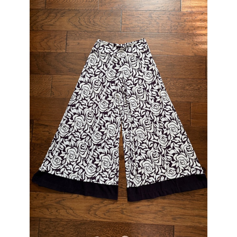 Coco Bianco Wide Leg Pants Floral Textured Stretch Palazzo Resort Purple White M